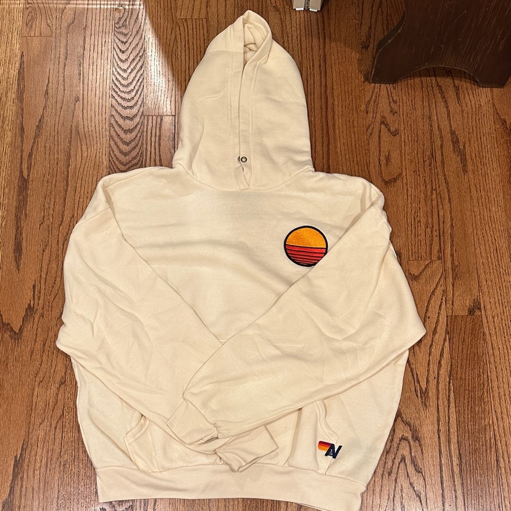 Aviator Nation Hoodie Sweatshirt with Sunset Patch- vintage white
